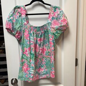 Lily Pulitzer Floral Puff Sleeve Top - Pink and Green